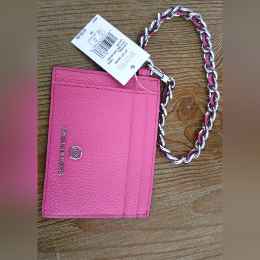 Michael Kors Hot Pink Pebbled Leather Jet Set Charm ID Card Holder with Chain